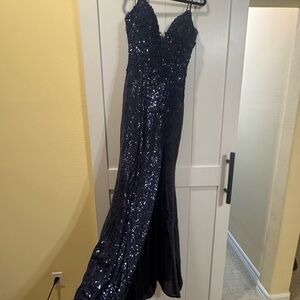 Navy Sequin Evening Gown with Slit